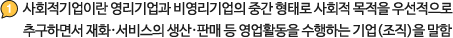 사회적기업이란 영리기업과 비영리기업의 중간 형태로 사회적 목적을 우선적으로 추구하면서 
            재화·서비스의 생산·판매 등 영업활동을 수행하는 기업(조직)을 말함