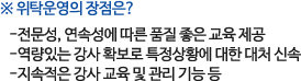 *위탁운영의 장점은?
                -전문성, 연속성에 따른 품질 좋은 교육 제공
                -역량있는 강사 확보로 특정상황에 대한 대처 신속
                -지속적은 강사 교육 및 관리 기능 등